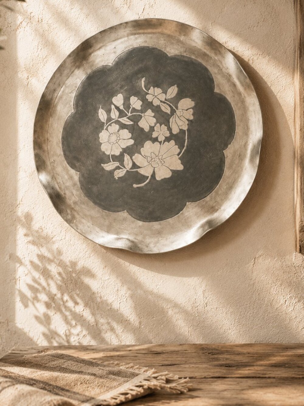 Vintage Aluminum Serving Tray With Etched Floral Pattern and Scalloped Edge - Picture 2 of 5
